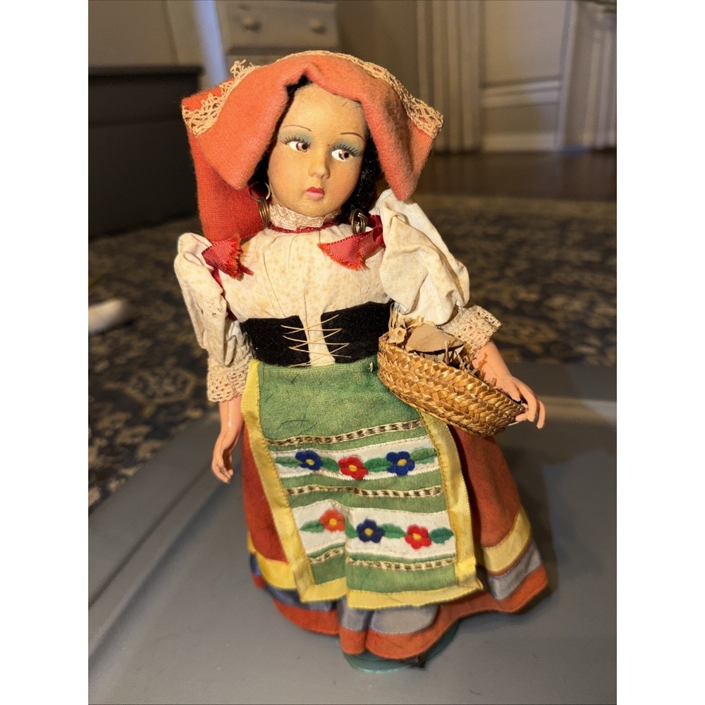 Vtg Italian Souvenir Doll‎ Magis Roma Style Red Folk Costume Basket Straw 10'